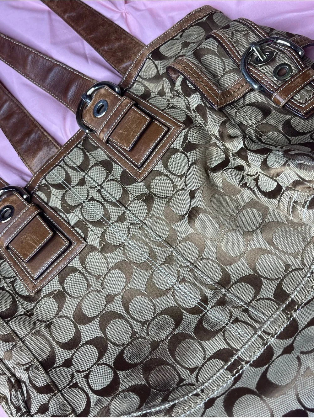 Coach Brown Signature Canvas Tote with Leather Trim